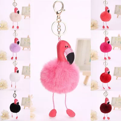 Keyring Soft Fluffy 9 CM Rabbit Flamingo Handbag Pendant Charm PomPom Keychain  • £3.95