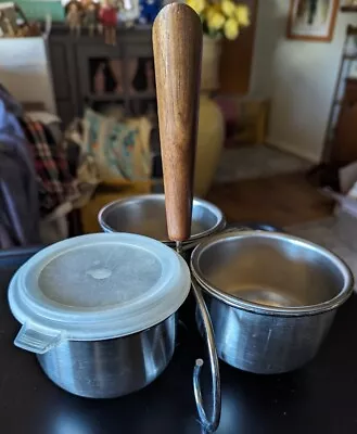 Vtg Mid Century Modern Stainless Steel Triple Condiment Tray Teak Handle Danish • $5.99