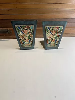 Vintage Made In Israel Brass(?) Bookends Jewish Colorful Stained Glass Style • $75