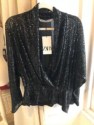 Zara Black Sequin Top Size L. Faux Wrap. Peplum. Side Zip. • £16.50