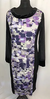 CHIANTI Dress Bodycon Long Sleeve Jersey Geometric UK12 Velvet Purple C930 • $7.45