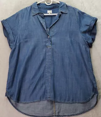 J.CREW Blouse Top Womens XL Blue Denim Short Sleeve High Low Collared Popover • $19.94