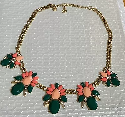 J Crew Cluster Necklace Salmon Dark Green  Peach Rhinestones 18” AntiqueGoldtone • $12