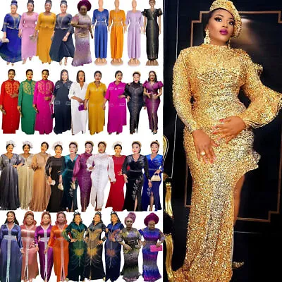 African Women Long Maxi Dress Sequin Bodycon Party Ball Gown Dashiki Moroccan • $38.94