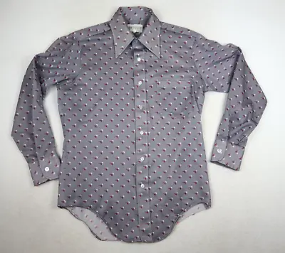 VINTAGE 1970s 70s MEN'S GRAY PRINT LONG SLEEVE BUTTON-UP SHIRT - KMART - 15.5x33 • $28.18