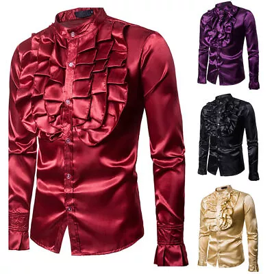 Mens Ruffle Frill Disco Party Adult Shirt Tops Solid Fancy Blouse Dress Costume • £8.19