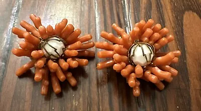 VTG Estate Metal & Branch Coral Clip Back Earrings • $28