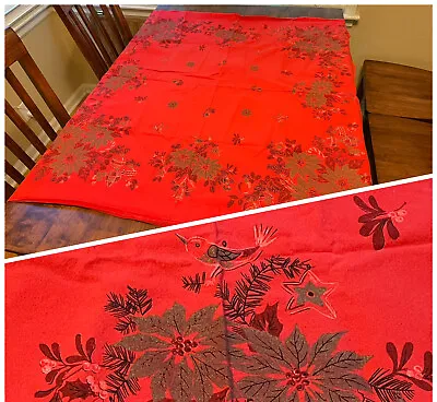 Vintage Mid-Century Christmas Holiday Farmhouse Tablecloth Red Bells Bird 🎄 • $19.99