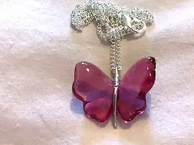 Lalique Lovely Fuchsia Red 3D Crystal Glass Butterfly Pendant • £145