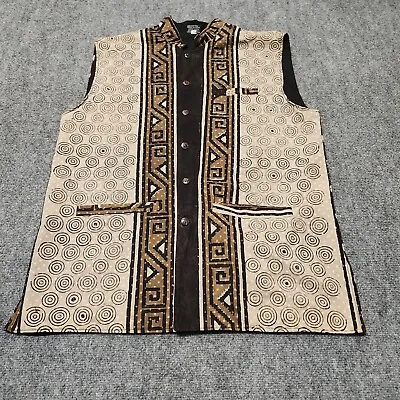 Vintage KASHI Vest Mens Medium Brown Button Front Pockets 100% Cotton Geometric • $19.19