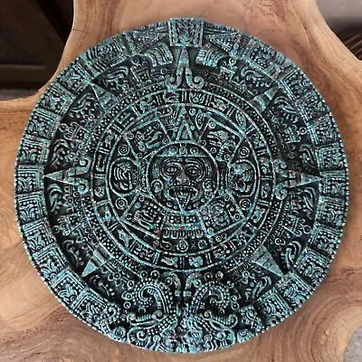 Mayan/ Aztec Calendar Art Medallion Wall Plaque Crushed Malachite 9.5 In Vintage • $30