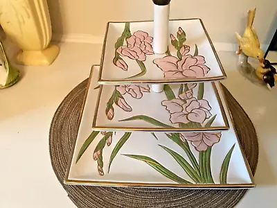 VTG 3 Tiered  Ceramic Cupcakes Pastry Snack Plate Stand PINK IRIS/ FLOWERS ITALY • $21.50