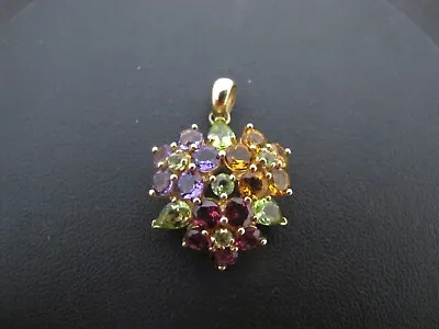 Multi-Gemstone HEART Cluster BOUQUET 14k Yellow Gold Necklace Pendant • $295