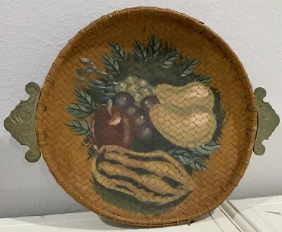 Vintage Philippines Hand Painted Fruit Wicker Woven Wood Serving Tray W/ Handles • $26.64