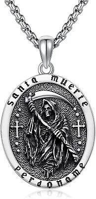 925 Sterling Silver Mens Santa Muerte Grim Reaper Holy Death Pendant Necklace • $119.99
