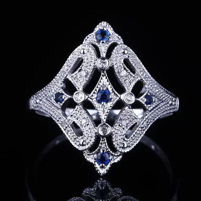 Sale 10k White Gold Vintage Genunine Diamond & Sapphires Engagement Wedding Ring • $626.87