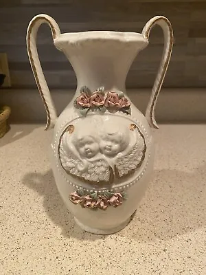 $28 • Buy Vintage Cherub Vase Urn Floral Antique Victorian Style Cream Pink Double Handled