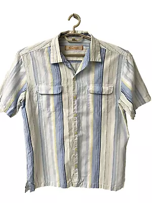 TOMMY BAHAMA 45% LINEN Cotn Button Camp Shirt Mens L 45x29 S/S Blue Striped NEW • $18.38