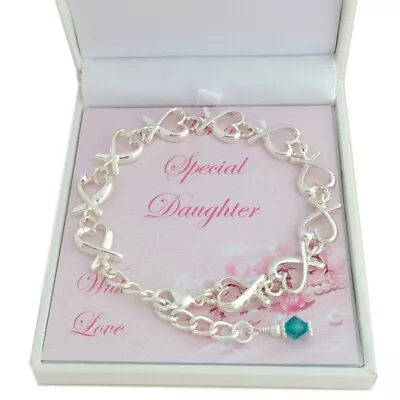 Birthstone Bracelet With Heart Links. Gift Boxed For Mum Sister Daughter Etc • £15.99