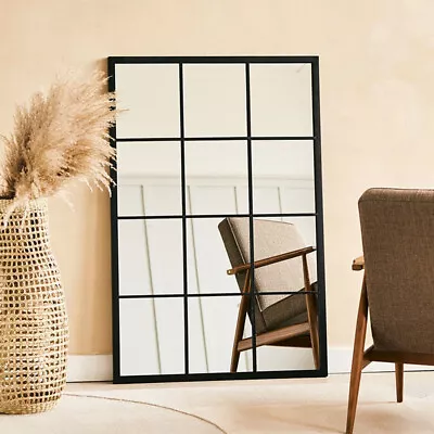 £69.95 • Buy Large Black Metal Framed Window Style Wall Mirror Paned Glass Girl Room Hallway