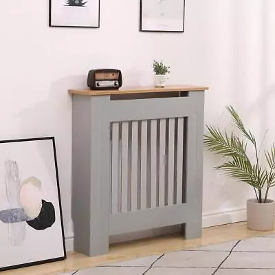 Small Grey Oak Top Radiator Cover Wooden Wall Cabinet Shelf Slatted Seconds • £33.99