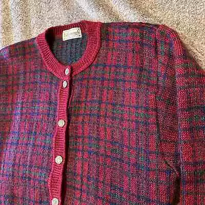Vintage Edinburgh Sweater Womens Large Red Plaid Mohair Cardigan Grandpa Ribbed • $29.88