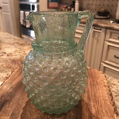 Antique EA  Handblown Thousand Eye Hobnail Aqua GREEN Glass Pitcher EXC COND • $150