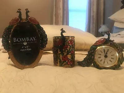 Bombay Co. Bejeweled & Enamel 3 Pc Set Picture Frame Clock Canister CH1648 • $59.99