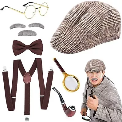 1920s Men Fancy Dress Costume SetSherlock Holmes Detective Accessories With Hat • £10.95