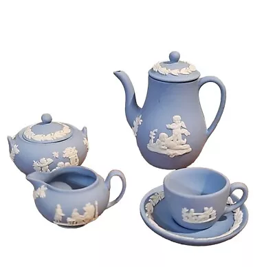 Wedgwood Jasperware Blue Miniature 7 Piece Tea Set Excellent Condition • $110