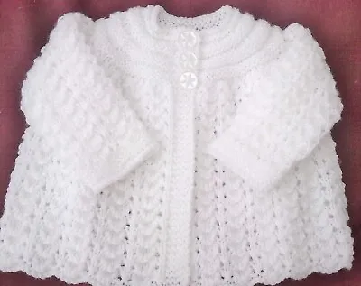 Beautiful Hand Knitted Matinee Coat/cardigan 0 - 3 Months White  • £9.99