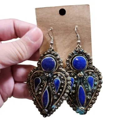 Tarnished Sterling Silver Lapis Lazuli Gold Toned Drop Earrings 3.25  • $50