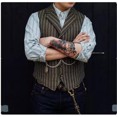 Mens Vintage Wool Blend Tweed Herringbone Stripe Lapel Waistcoat Slim Fit Vest • $33.31