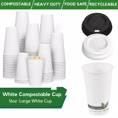 Compostable Coffee Cups & Lids 100% Biodegradable Disposable White Paper Cups • £183.99