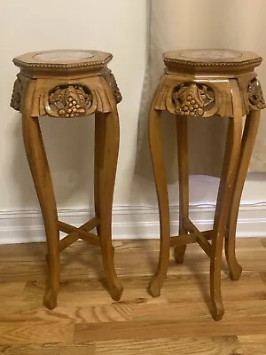 Vintage Carved Wood Pair Of Nightstand End Side Table Marble Top Asian 3 Ft Tall • $275