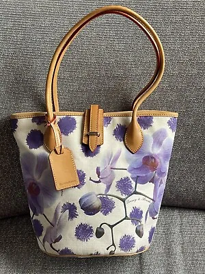 Dooney & Bourke Purple Orchid Spring Floral Bucket Tote Handbag Linen Leather • $149.99