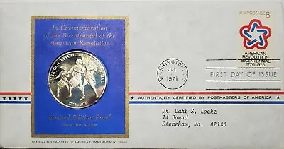 1971 POSTMASTER OF AMERICA STERLING MEDAL & FIRST DAY COVER 8c BICENTENNIAL • $26.50