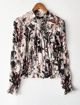 DECJUBA Size 10 Floral Print Smocked Detail Long Sleeve Blouse Top • $17.50