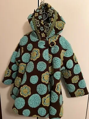 Corky & Company Hooded Zip Up Jacket Wool Blend BROWN BLUE GREEN Floral Girls 4 • $34.99