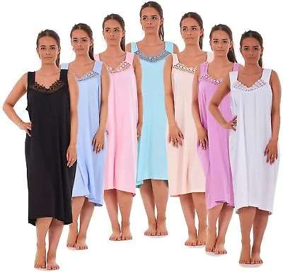 Ladies Nightwear V Neck Plain 100% Cotton Sleeveless Long Nightdress M To XXXL • £8.95