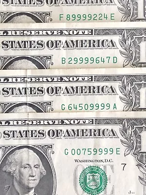 Lot Of 4 Four In A Row 9s Fancy Serial Number One Dollar Bill • $19.99