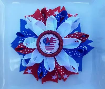 Minnie Mouse Disney Red White Blue Bottle Cap Hair Bow 4  FREE Headband Included • $3.95