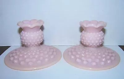 Fenton Hobnail Taper Candlestick Holders Rose Pastel Pink Milk Glass 1950s • $115