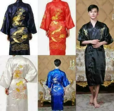 Womens/Men's Satin Japanese Chinese Kimono Dressing Gown Bath Robe Nightwear • £22.79