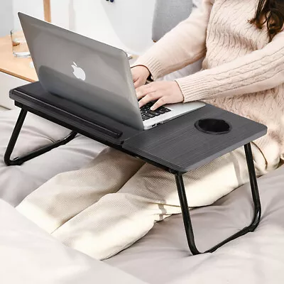 Adjustable Bed Tray With Folding Legs Serving Breakfast Lap Tray Table Cup Slot • £13.94