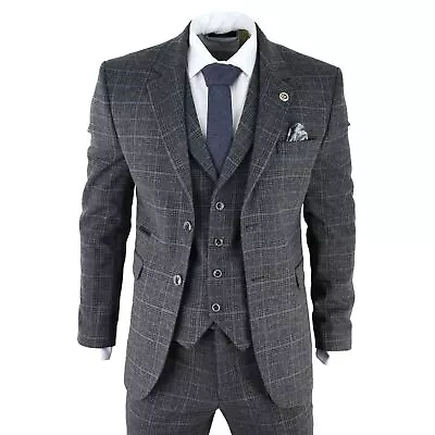 Mens Grey Tweed 3 Piece Suit Blue Check Vintage 1920s Gatsby Blinders Tailored  • $198.89