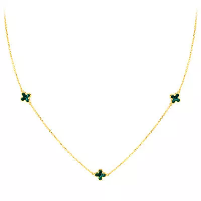 9CT Yellow Gold Clover Malachite Necklace Adjustable (16 - 17 ) • £149.99