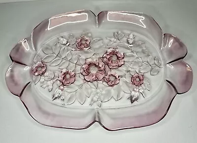 Vintage Mikasa Crystal Platter Rosella Pattern Pink Rose Flowers W Germany 16” L • $30.50