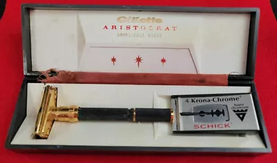 VINTAGE GILLETTE ARISTOCRAT Adjustable Gold Plated TTO Razor 1967 U.S.A. Box • $20.51