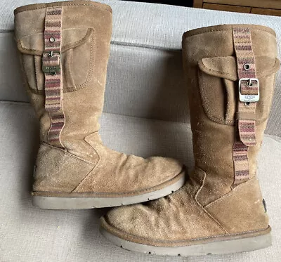 UGG Women’s 7 Sherpa Cargo Pocket Boots Brown Leather Buckle Mid Calf Zip 5479 • $35